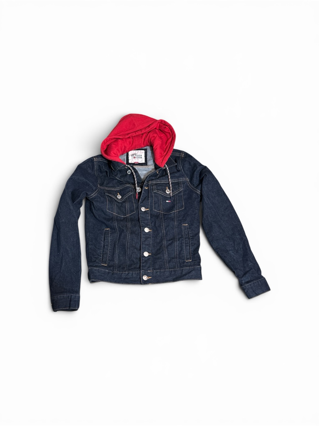 Vintage Y2k Tommy Hilfiger Hooded Dark Wash Denim Jacket Xs Small